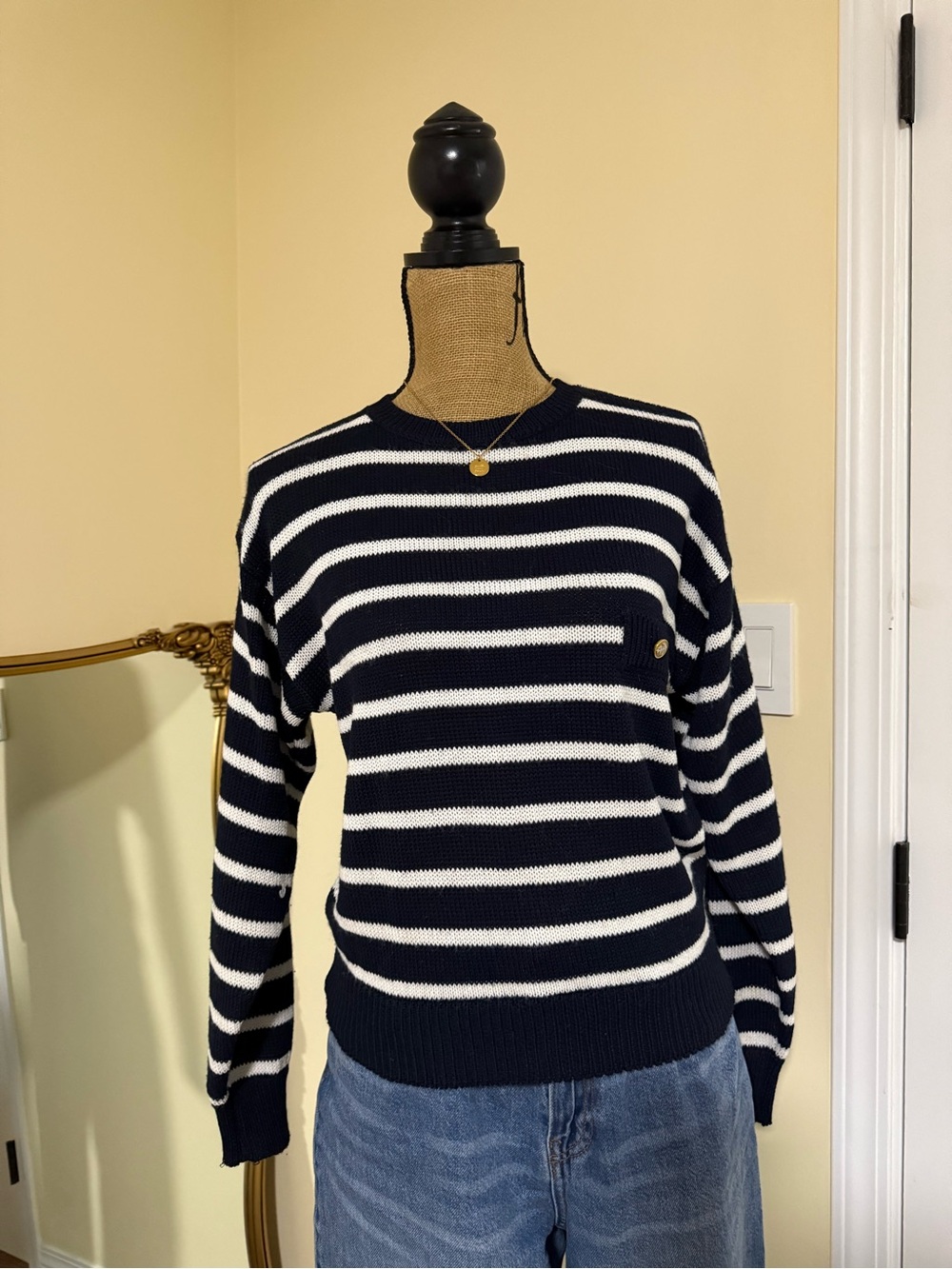 Women's Navy and White Striped Knit Sweater